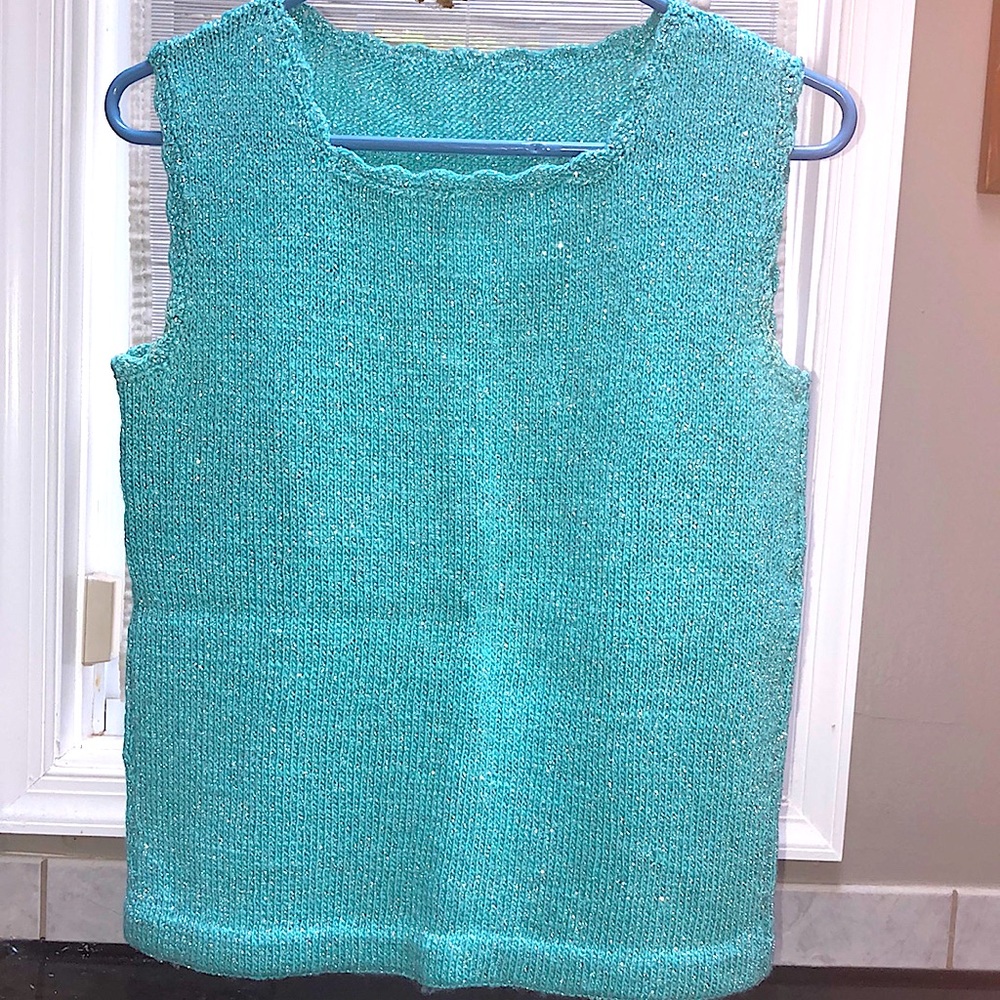 Vintage Handknit Sleeveless Top, Turquoise/Silver Acrylic Yarn, Size Small.